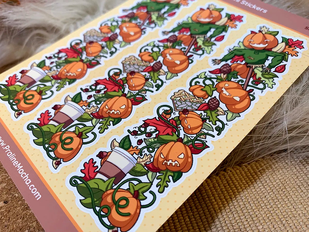 close up of the autumn washi tape sticker, featuring pumpkins leaves and acorns