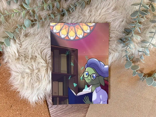 A green skinned studious goblin working in a dimly lit library. Glowing runes float from heavy times, and the area is only lit by a big stained glass window from behind
