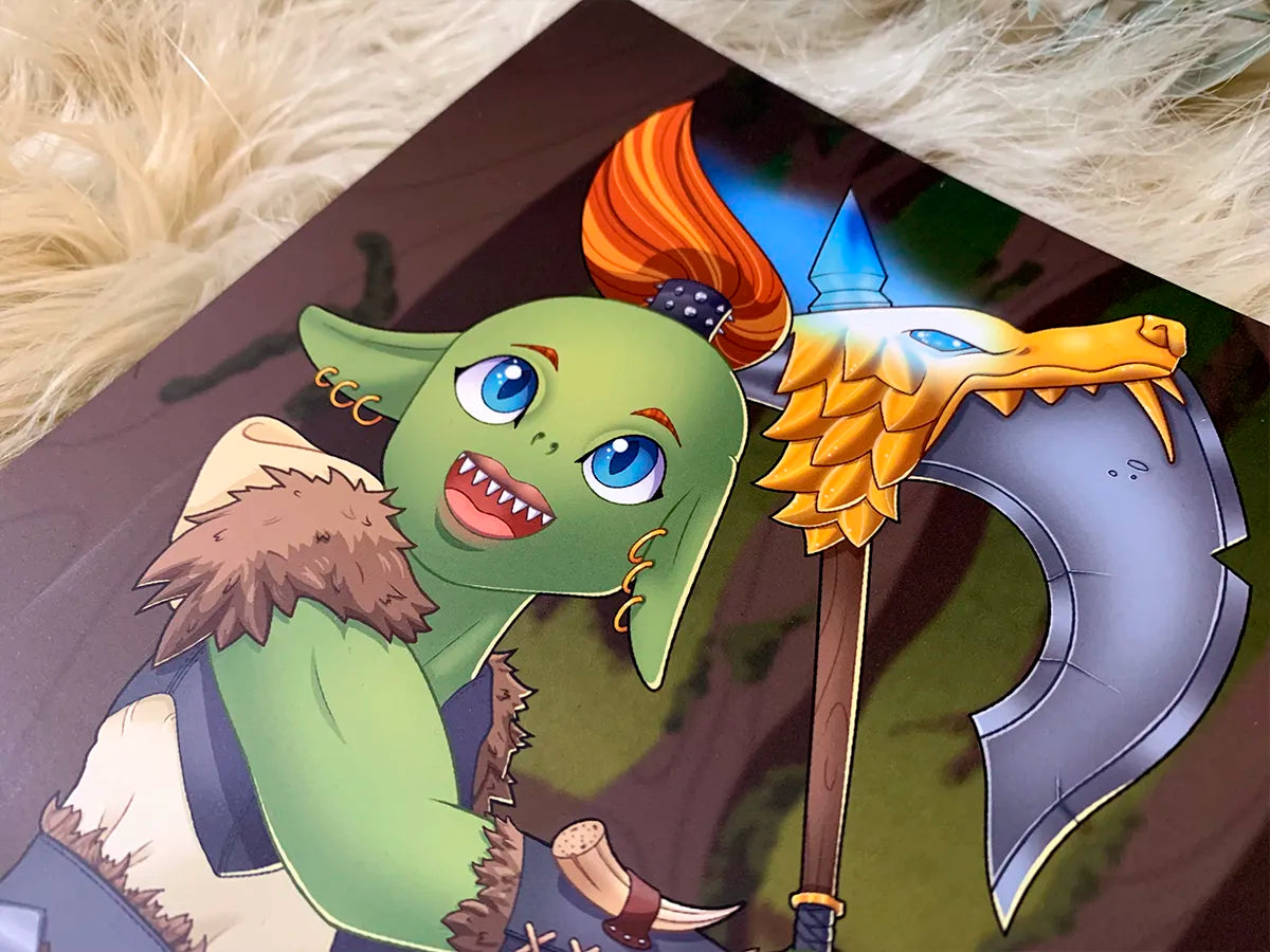 A close-up of the same goblin-like character, focusing on their upper body and face. The details of the character’s wide, happy expression are clearer, with bright blue eyes and small fangs visible in the open mouth. The ornate dragon-shaped adornment on the axe is also prominent, with a glowing blue gem on the dragon's head. The character’s orange ponytail, fur-lined outfit, and arm gauntlet are clearly visible.