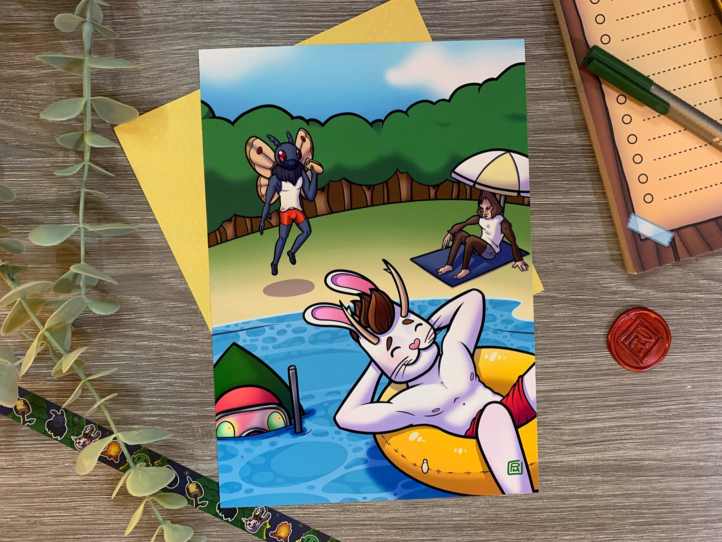 Print of cryptid friends hanging out at the lake. Jackalope, Bigfoot, Mothman and the Flatwoods Monster all enjoying the hot summer days