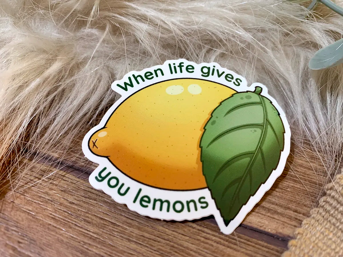 Close up of a vibrant lemon sticker for journals, phone cases and laptops